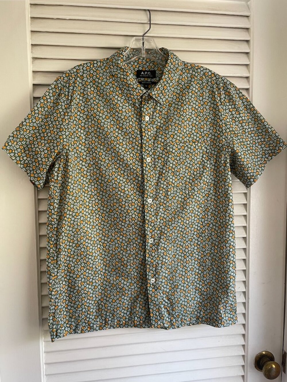 A.P.C. Cippi Floral Print Short Sleeve Button Up Shirt Men's Sz M Kaki Green EUC
